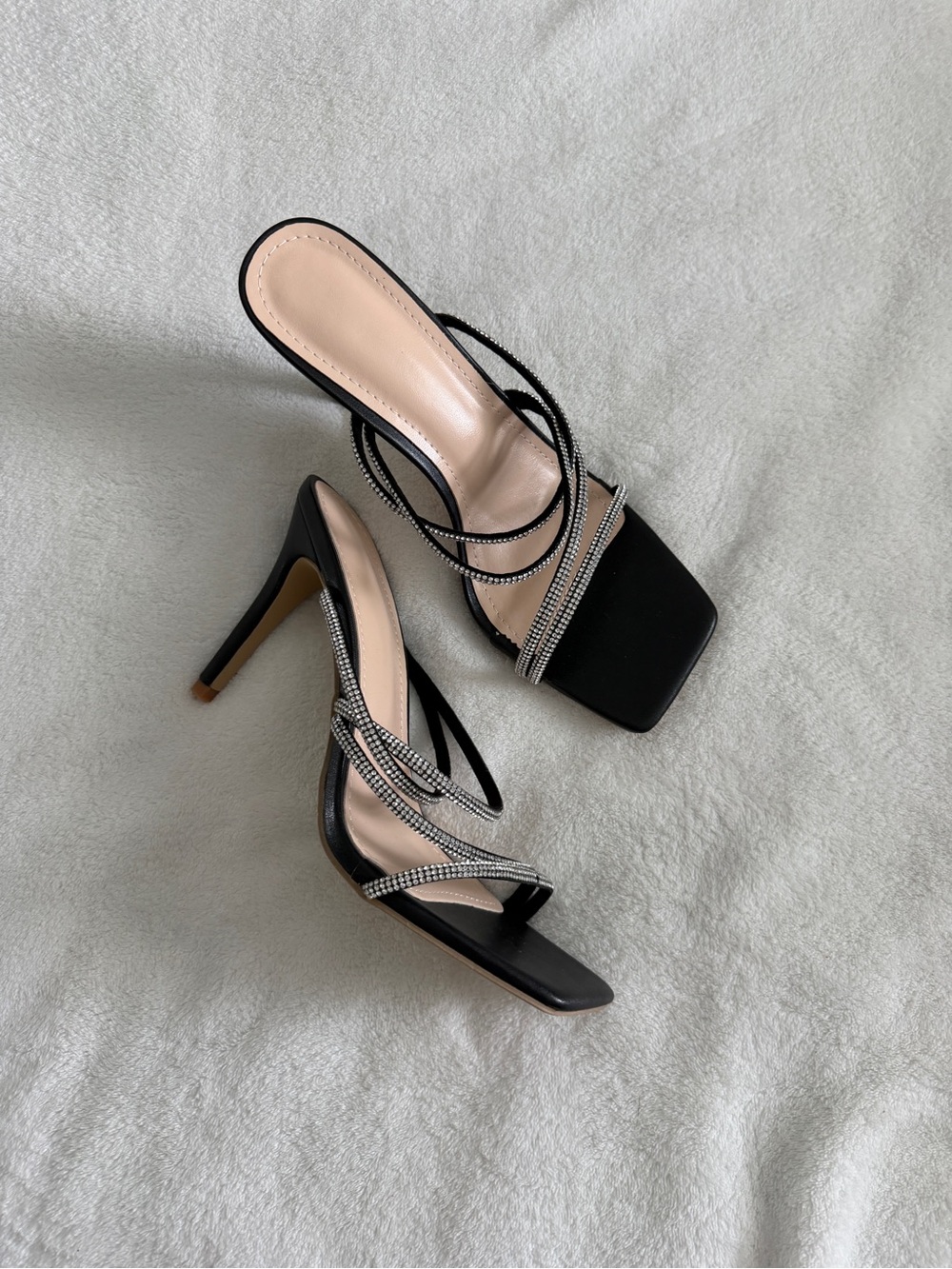 Black Strappy Rhinestone High Heel Sandals
